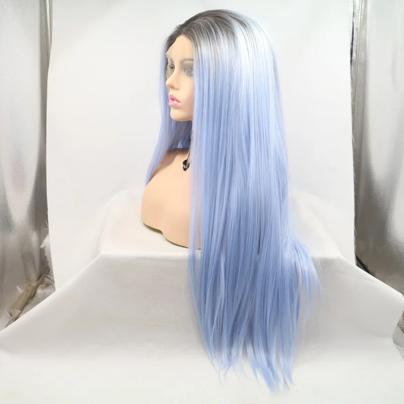 Gradient blue hand-woven front lace wig, high-temperature fiber, comfortable rose net full cap