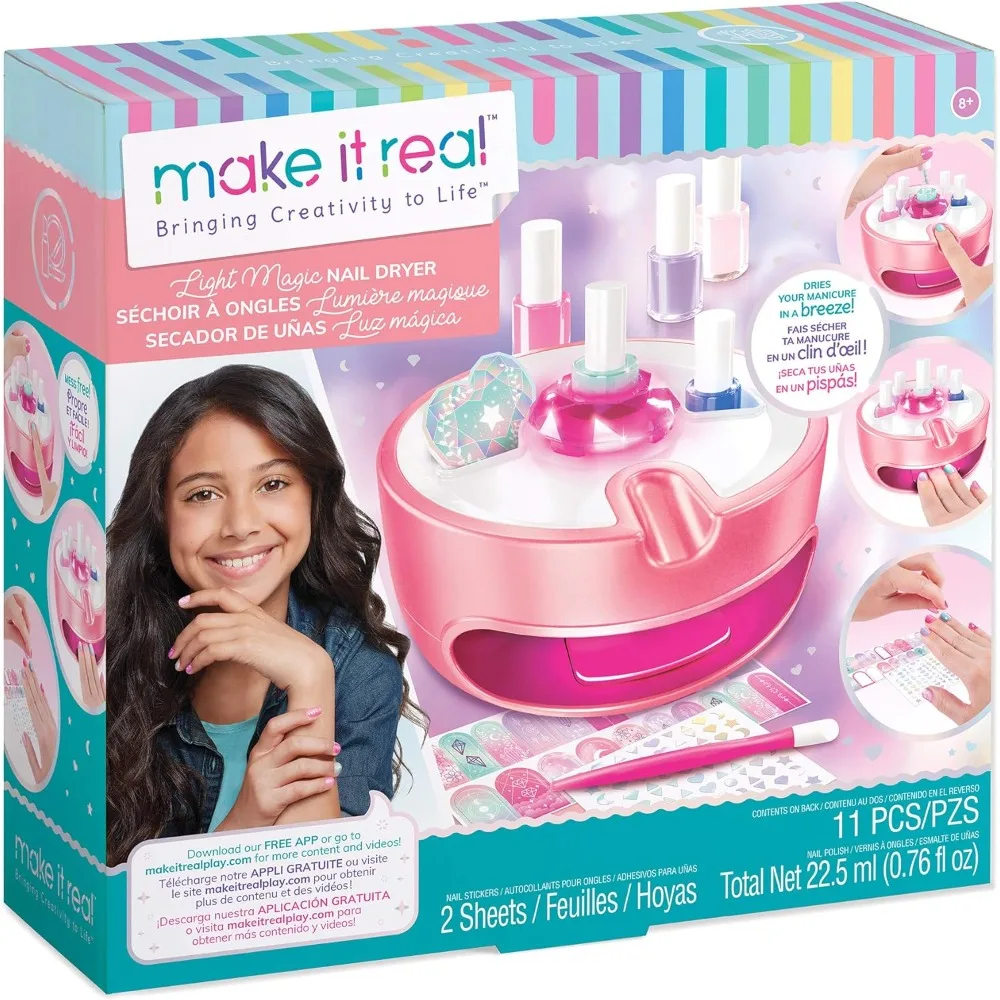 

Light Magic Nail Dryer & Polish Set for Girls & Teens - 5 Vibrant Nail Colors, Art Stickers, Nail File, Cuticle Pusher & Dryer -