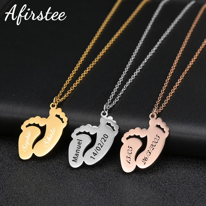 Afirstee Personalized Stainless Steel Feet Pendant Engrave Name Necklace Custom Date Footprint Women Choker For Jewelry