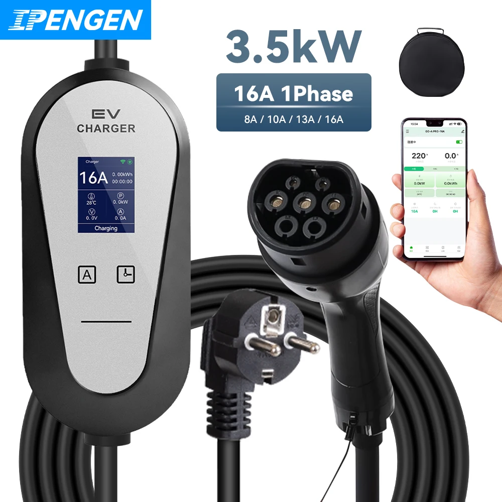 IPENGEN EV Portable Charger Type2/GB/T Plug Connector 16A 1Phase 3.5KW Type1 3.5m Wallbox Charging Station for Electric Vehicle