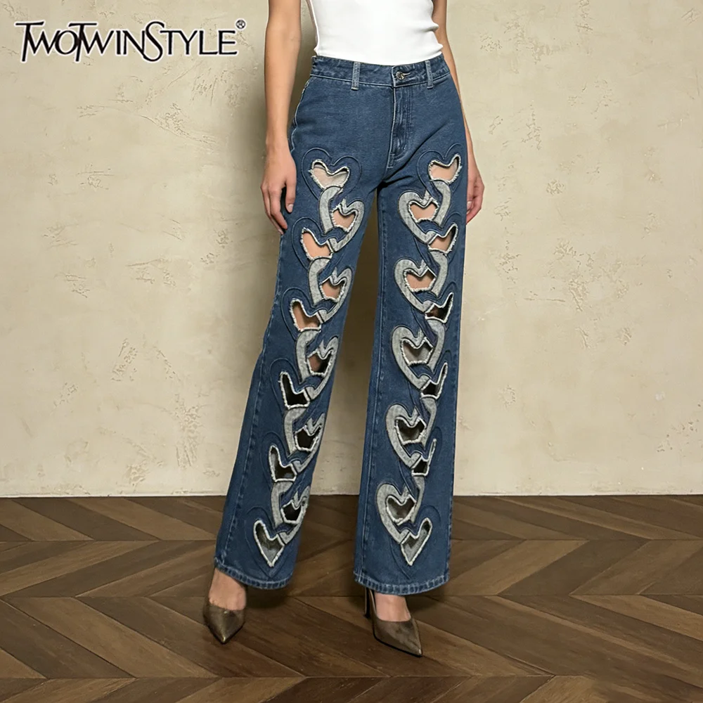 

Брюки женские TWOTWINSTYLE синие, с вырезами, шикарные, с высокой талией, свободного кроя, винтажный дизайн, прямые, осенняя мода