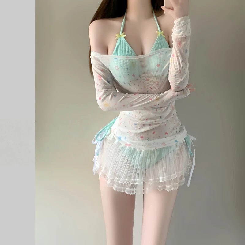 2026 New Summer Women's Korean Style Bikini Set Sweet Girl Beach Vacation Swimsuit Slimming Long Sleeve Cover Up