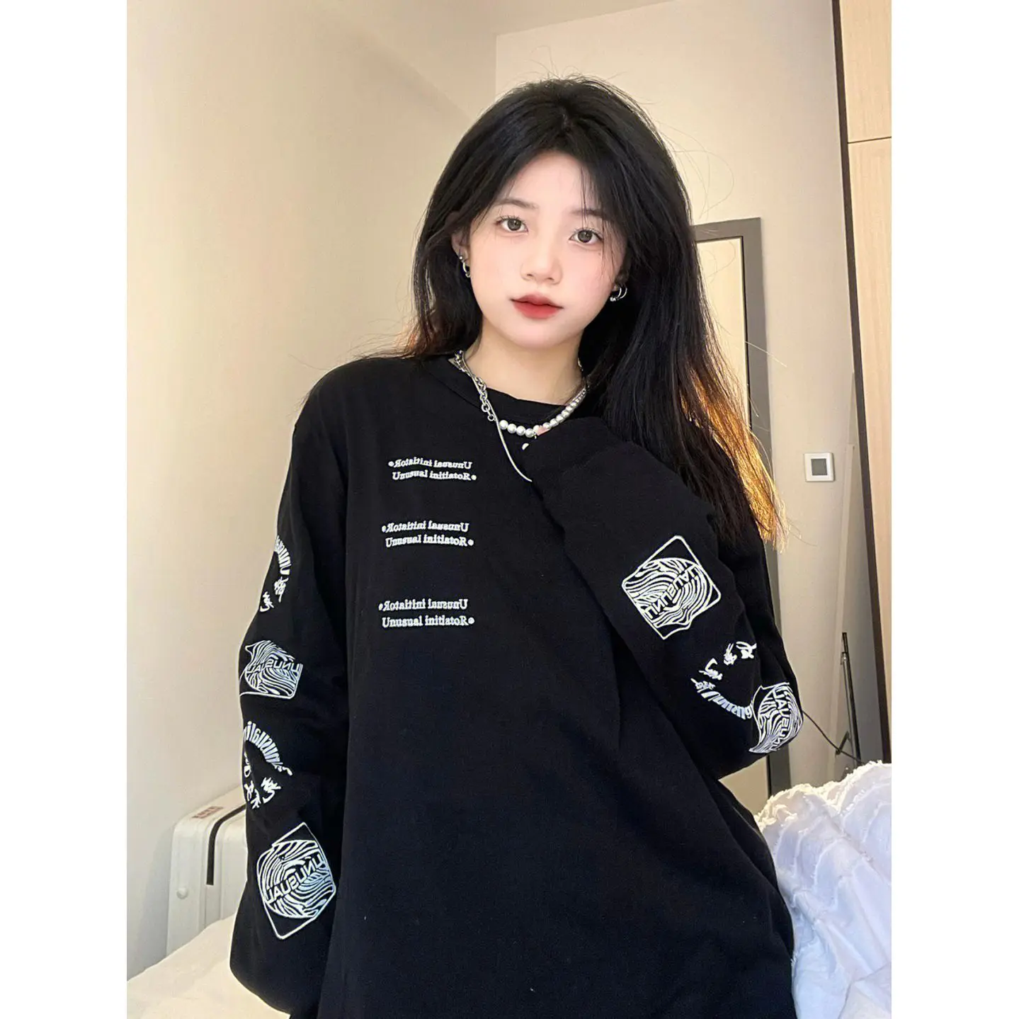 Oversized Women Clothing Casual Printing O-neck T-Shirts Autumn Street Casual All-match Long Sleeve Loose Top Tee Trend Tshirt