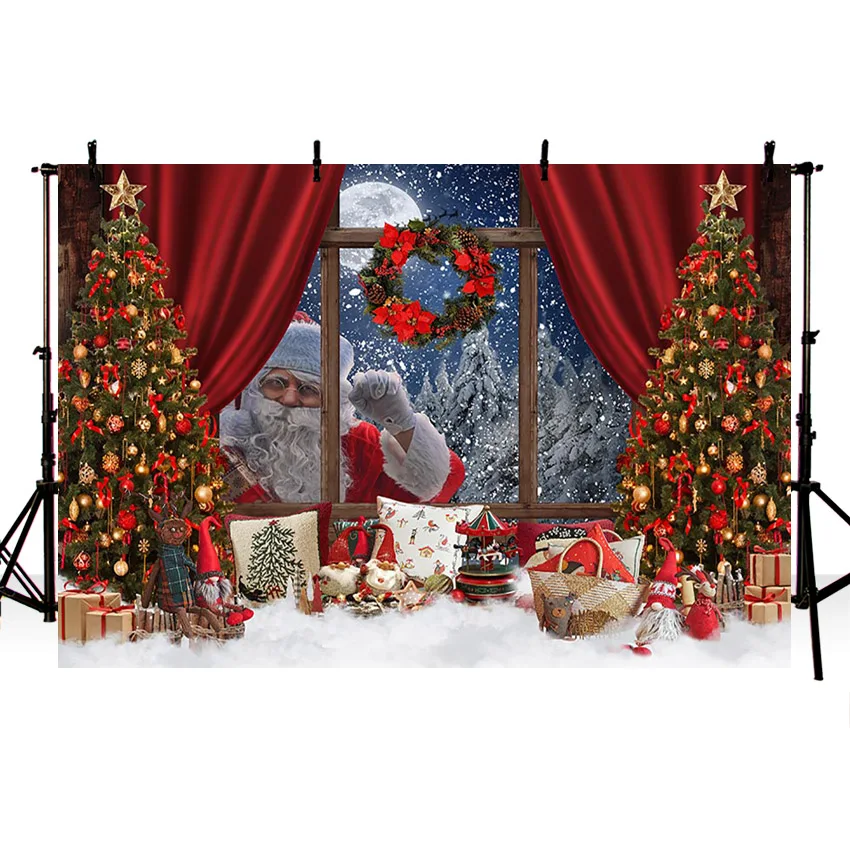 크리스마스 배경 사진 창 산타 클로스 트리 화환, 가족 휴일 초상화 장식, 배경 스튜디오 포토콜