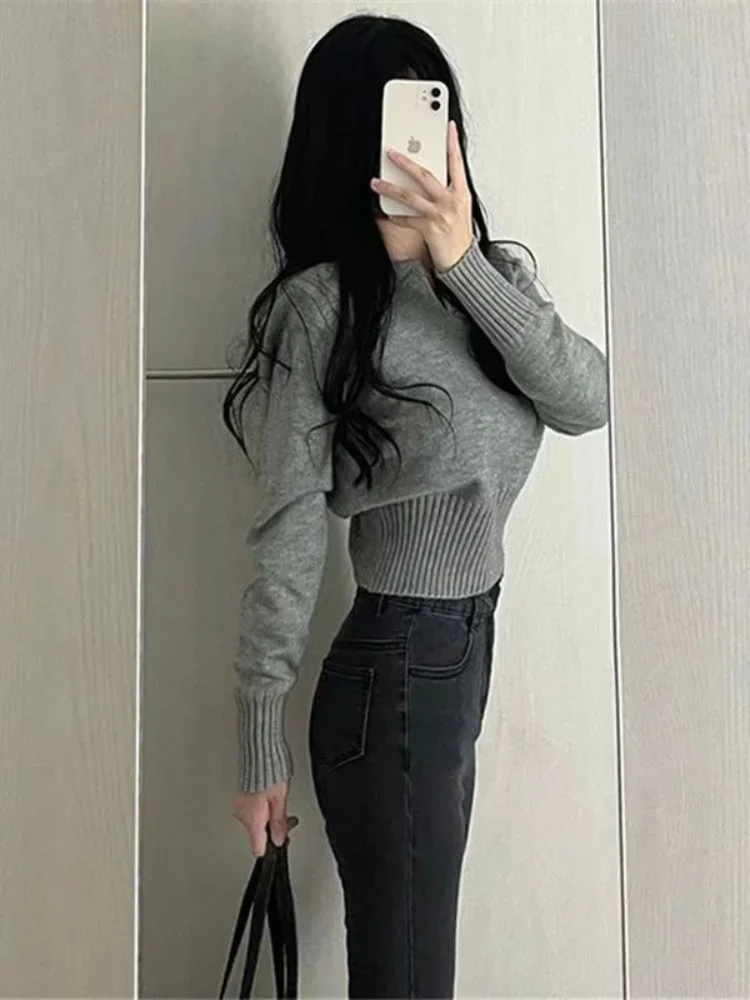 Korean Style Woman Tshirt Long Sleeve Sexy Knitted Crop Top Polo Neck T Shirt for Women Gray Clothing Polyester Original Luxury