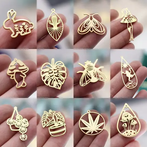 3pcs Golden Cicada Insect Charm DIY Craft Potted Plant Leaf Earrings Necklace Jewelry Making Cute Rabbit Stainless Steel Pendant