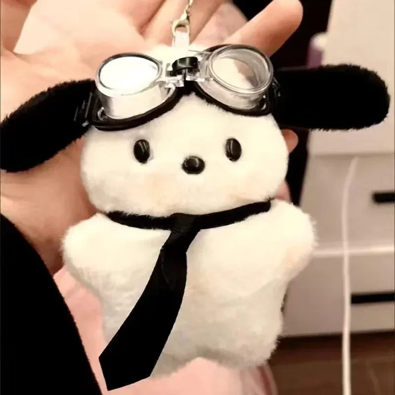 Kawaii Pilot Dog Keychains Plushies Sanrio Keychain Cute Pochacco Bow Keyring Car Mirror Decoration Bag Pendant Christmas Gift