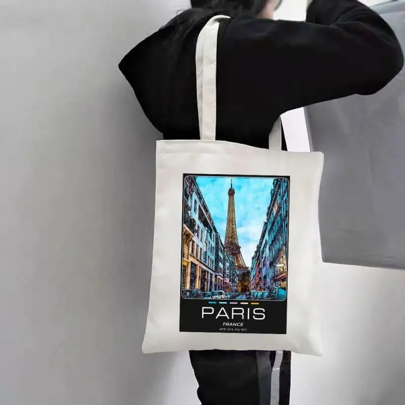 New York Paris London City Shoulder Bags Fashion Tote Handbag Canvas Girl Environmental Large Capacity Portable Shopping Bag