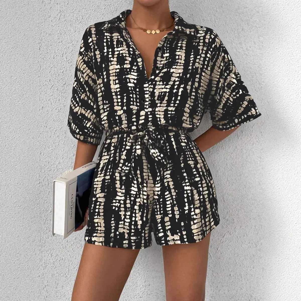 

2026 Spring New European and American Fashion Satin Satin Jumpsuit Women's Cross-Border Printed Loose Satin Wide-Leg Jumpsuit