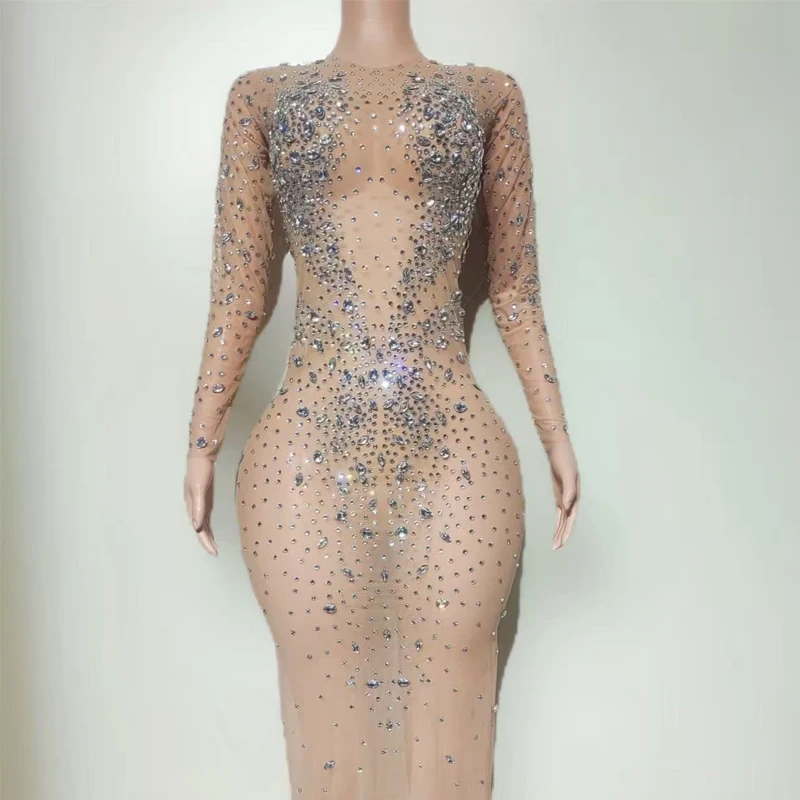 Women Celebrate Performance Outfit Flashing Full Rhinestones Evening Dress Bar Night Club Party Gown Festival Wear XS10566