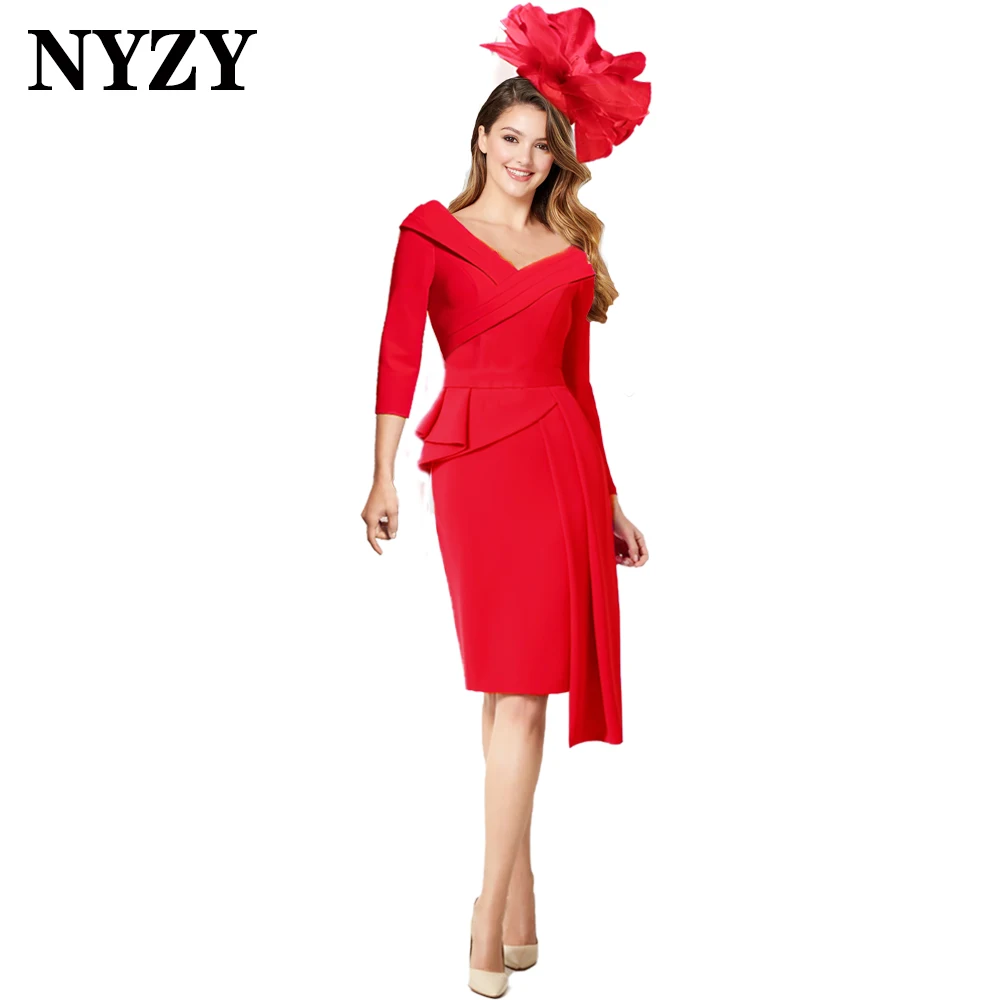 

NYZY M413 Jersey off the Shoulder 3/4 Sleeves Short Mother of the Bride Groom Dresses 2024 Cocktail Party Gowns