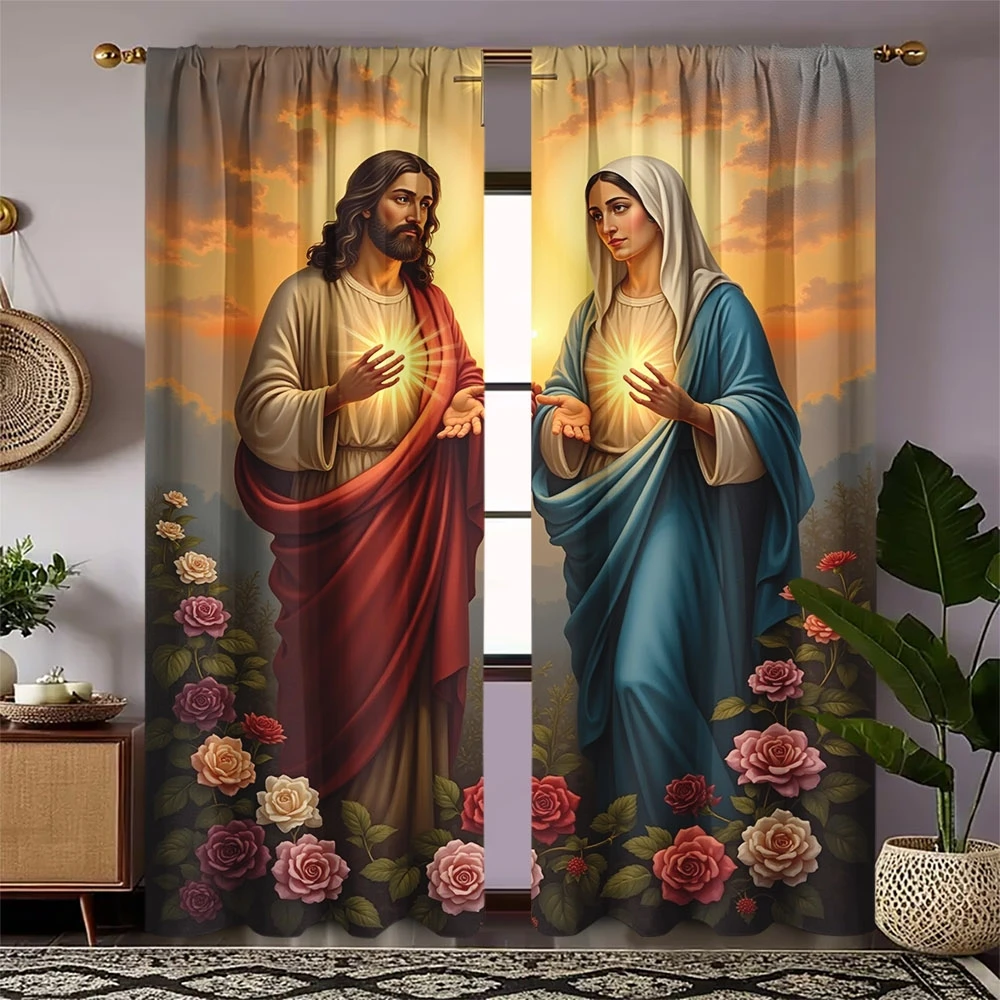 Inspirational Religious Curtain Divine Light Jesus Mary Art Window Drapes for Bedroom Living Room Home Decor