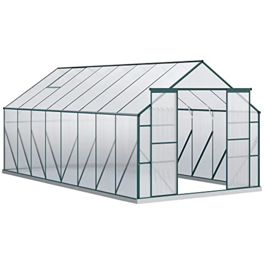 

16' x 8' Polycarbonate Greenhouse with Aluminum Frame Walk-in Garden Greenhouse Kit with Adjustable Roof Vent Rain Gutter and S