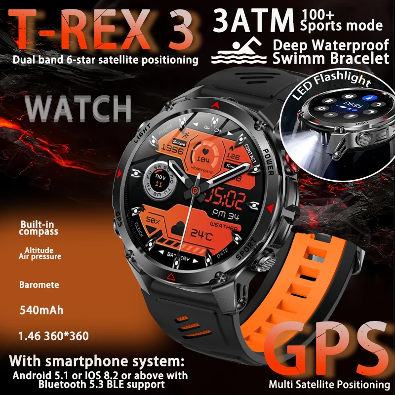 

2025 T-Rex 3 Smart Watch for Men with Built-in GPS 540mAh Battery 3ATM Waterproof Compass Barometer Altimeter Sports Smartwatch