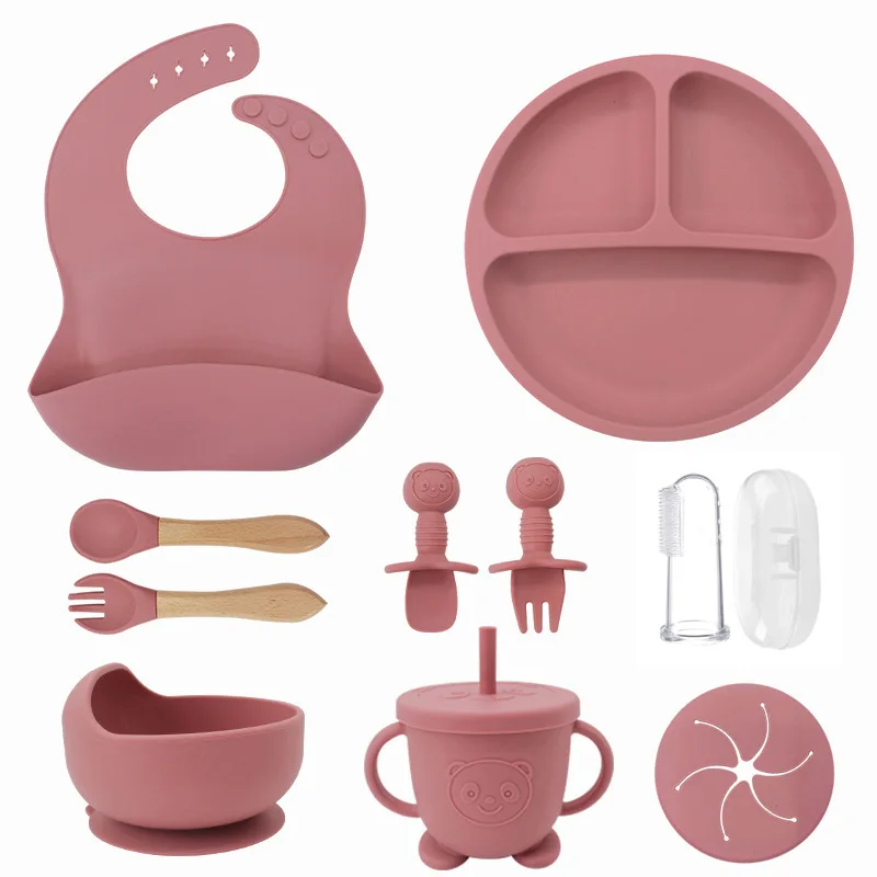Silicone Tableware Ten Piece Set Divided Plate Baby Tableware Feeding Bowl Silicone Spoon Fork Feeding Tableware For Infants