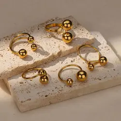 Exaggerated Stainless Steel Bead Ball Rings For Women Men Open Adjustable Gold Color Stainless Steel Ring Waterproof Jewelry