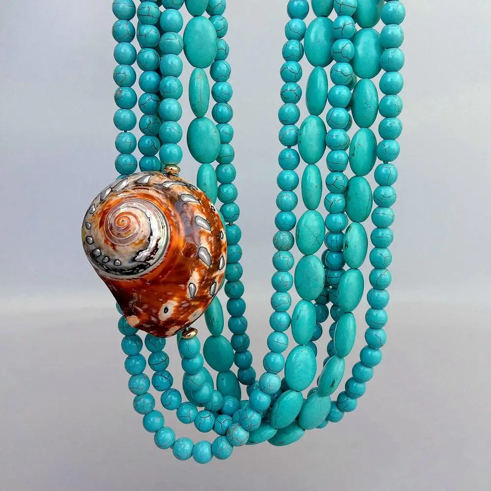 Y.YING 6 Strands Blue Turquoise Natural Sea Turbo Snail Necklace Fashion vacation Jewelry