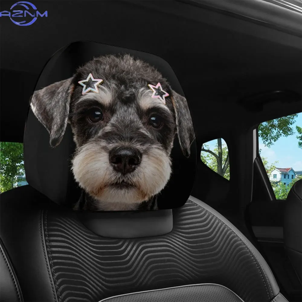 2pcs, Cute Schnauzer Star-Shaped Hair Additions Printed Car Headrest Covers, Personalized Car Decoration, Headrest Protect