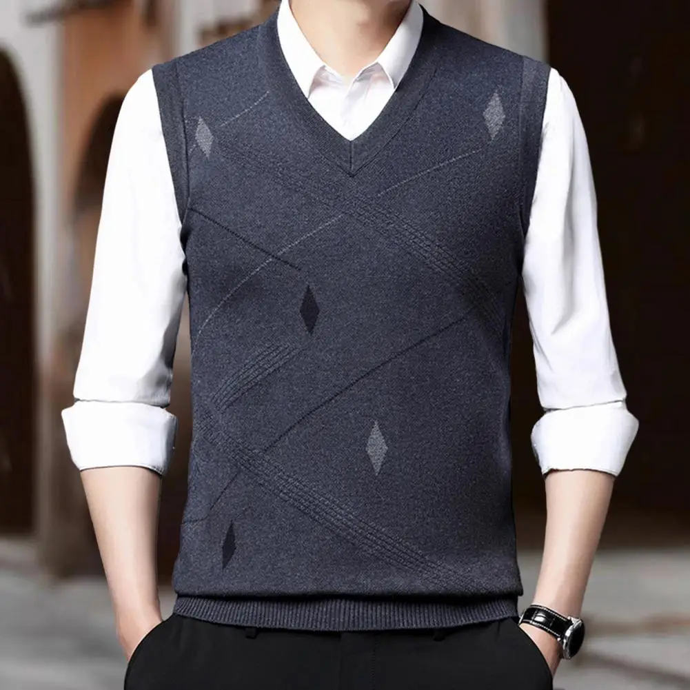 Men Fall Winter Vest Geometric Print V Neck Sleeveless Loose Knitted Thick Warm Soft Mid Length Applique Pullover Men Vest