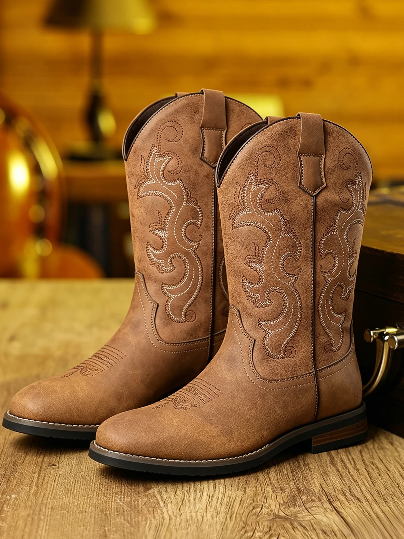 

American Western Style Cowboy Boots Distressed Leather Embroidered Boots