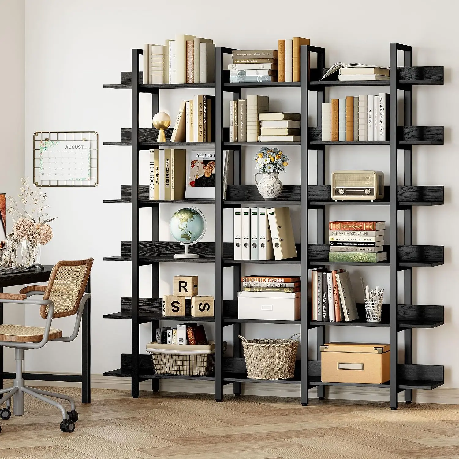 Triple Wide Bookshelf 6 Tiers with Back Fence Large Open Etagere Shelf Home Office Easy Assembly, Customized