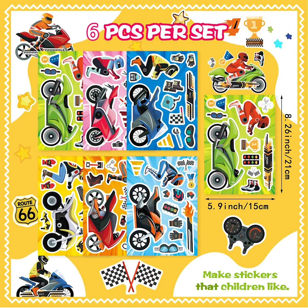 6/12Sheets DIY Motorcycle Make a Face Puzzle Stickers Kids Game Funny Assemble Jigsaw For Kids Boys Children Toys Party Gifts