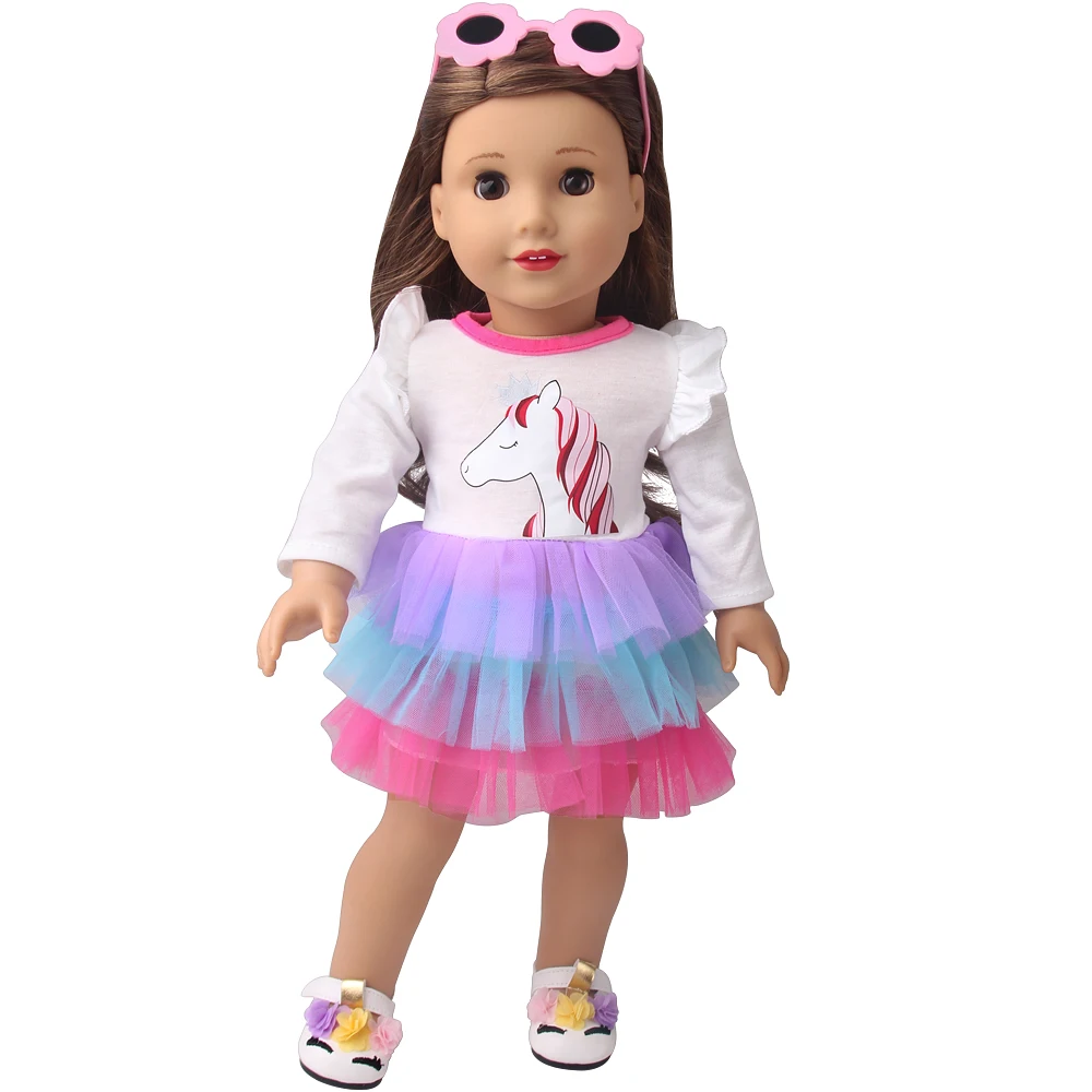 Kawaii Unicorns Print 3-color Dress 18 Inch Girl Doll Ours & Generation American Kids Toys 43 Cm Baby Dolls Accessories Skirt