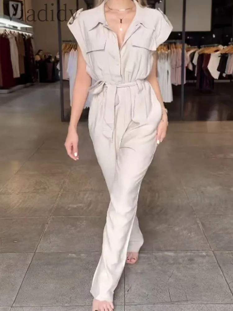 ثوب فضفاض نسائي مثير بلون سادة وياقة مقلوبة وأكمام قصيرة وجيوب وحزام مستقيم الساق