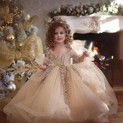 Customized Luxury Champagne Flower Girl Dresses Pageant Gown for Wedding Beaded Ruffles Birthday Party First Communion Gowns