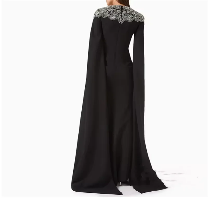 Robe de soirée élégante saoudienne pour mariages, personnalisée, col rond, manches Cape, perles, strass, longueur cheville, robe de soirée arabe