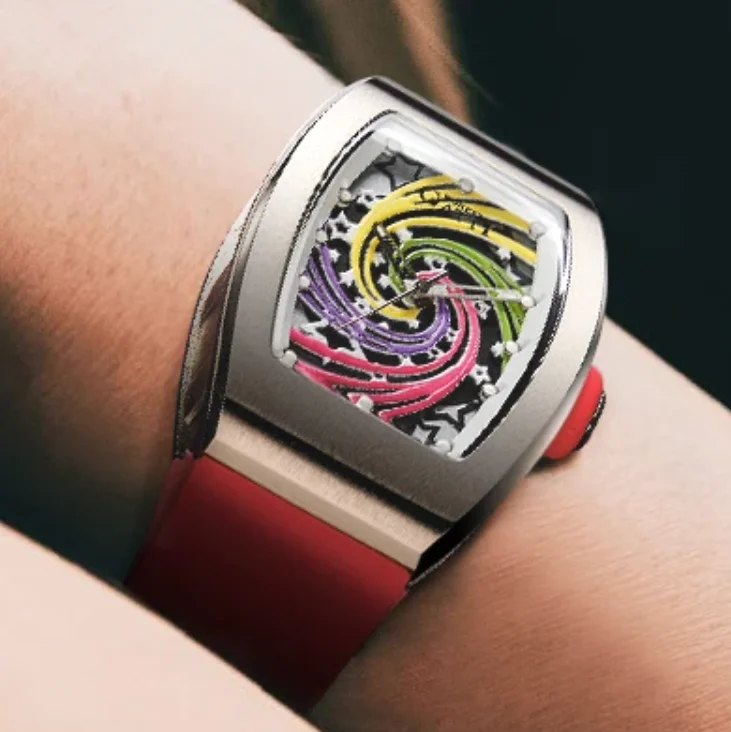 BONEST GATTI Women Automatic Watch Tonneau Ladies Mechanical Wristwatch Luminous Sapphire Mirror Rainbow Dial Fluororubber Strap