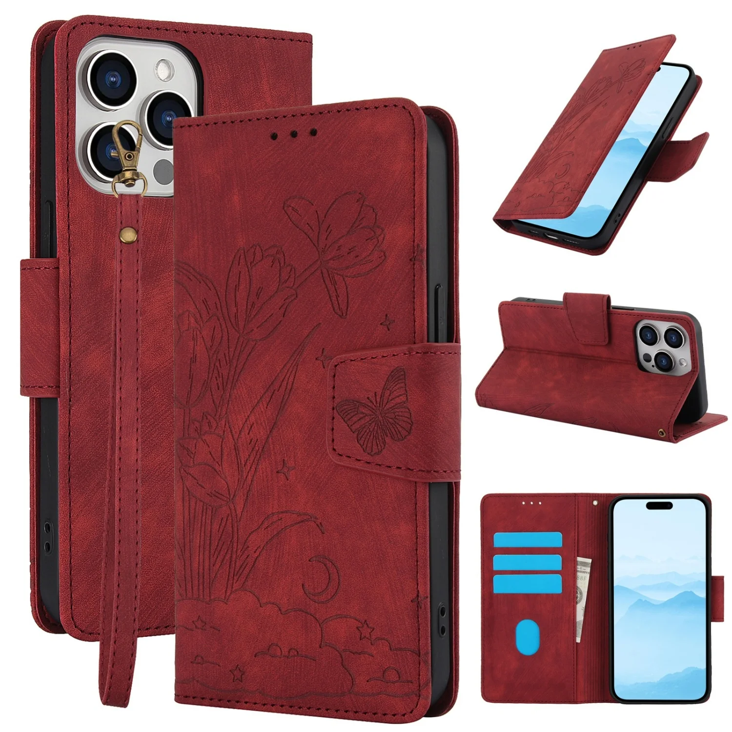 

Flower Butterfly Flip Leather Phone Case For iPhone 16 Pro Max 15 Plus 14 13 12 11 Pro Max Card Slot Wallet Cover