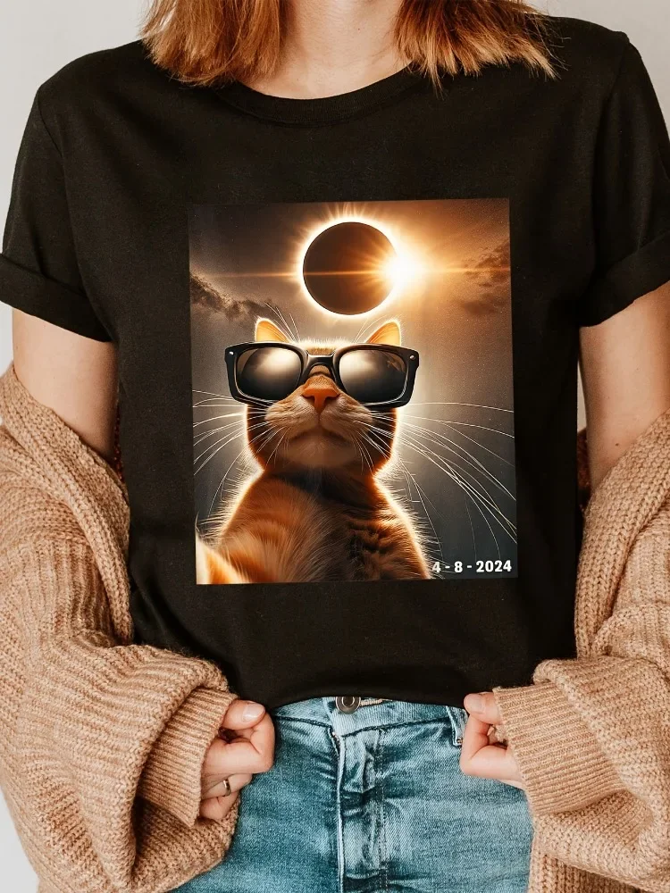 

Cool Cat Selfie Print Summer T-shirt Round Neck Short Sleeved Top Casual and Comfortable Soft Women's T-shirt Clothing