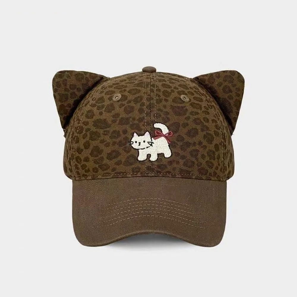

Cute Adjustable Baseball Cap Leopard Print Cartoon Embroidery Duckbill Hat Cat Ear Sun Protection Hat Summer