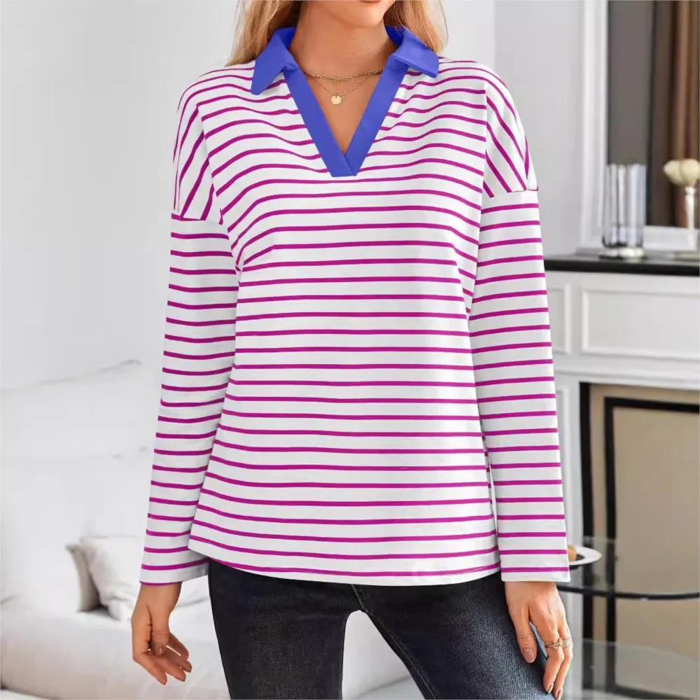 

Female Casual Long-Sleeved Pullover Hoodies 2024 Autumn And Winter New Striped V-neck Loose Sportswear Sweatshirt For Women Tops