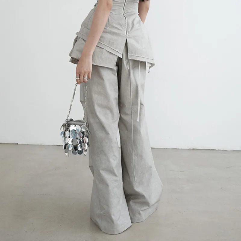 กางเกงขายาวทรงหลวมสไตล์ลำลองสำหรับผู้หญิง รุ่น HKSH คอลเลคชั่นฤดูใบไม้ผลิ/ฤดูใบไม้ร่วง พร้อมกระโปรงมินิสเกิร์ตแบบถอดได้ แต่งระบายผูกเชือก จีบพลีท ดีไซน์หรูหรา รุ่น HK12477