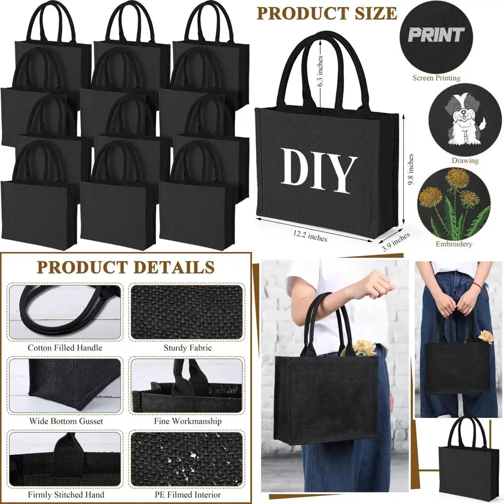 

Set of 12 Black Burlap Tote Bags, Jute Grocery Bags for Weddings, Reusable Shopping, Market, Kitchen, Beach DIY, 12.2x3.94x9.84