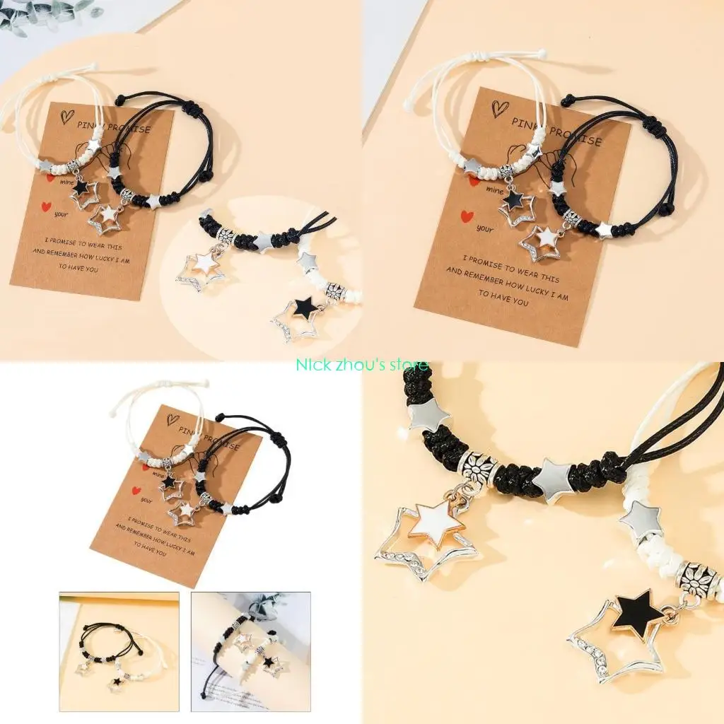 E15E Five-Pointed Star Friend Bracelet Hand-woven Wax Thread Bracelets 2-piece Set