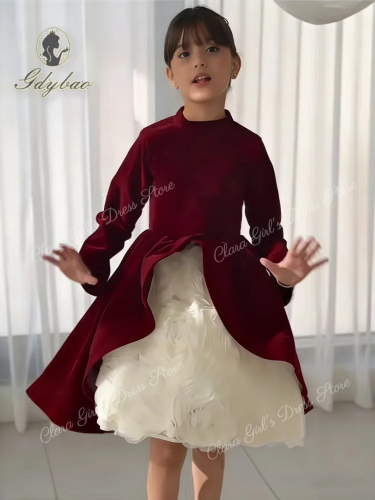 Elegancka sukienka dla dziewczynki do sypania kwiatów w kolorze wina, o kroju litery A, z trójwymiarowymi kwiatami, idealna na wesela, przyjęcia i sukienki urodzinowe szyte na miarę.