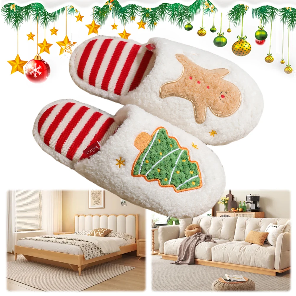 Christmas Plush Slippers Fluffy Home Slippers Anti Slip Cute Gingerbread Man Slippers Furry Xmas Tree Slippers for Autumn Winter