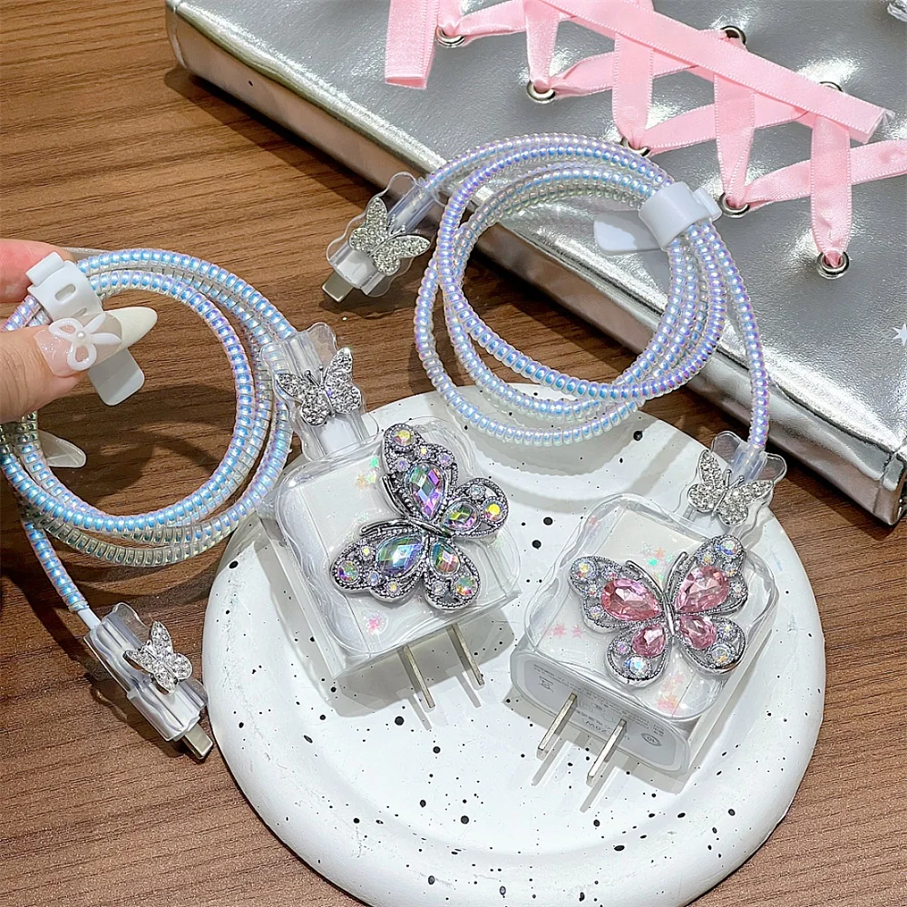 Diamond Butterfly Charging Data Cable Protector Winder Accessories For iPhone 18/20w Fast Charger Protective Cases Cover Sleeve