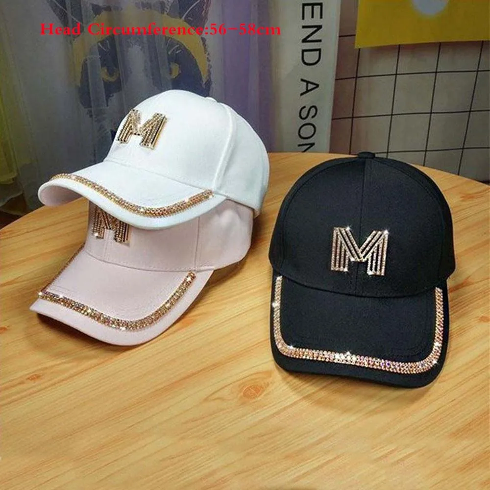 Letter M Women\'s Bling Baseball Cap Ladies Fashion Caps With Rhinestones Snapback Hip Hop Hats Casual Sun Hat