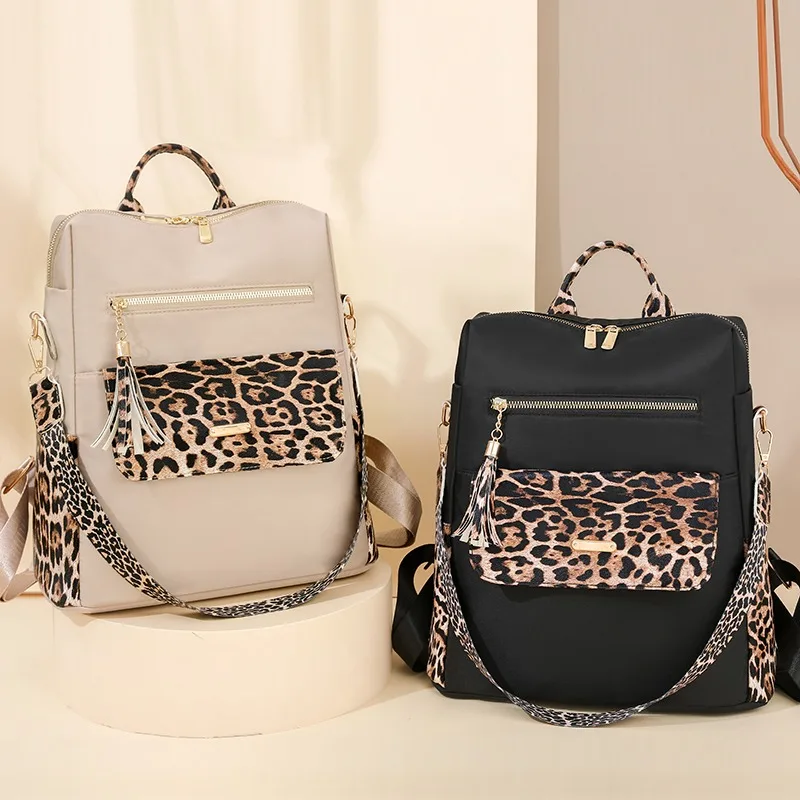 Fashionable Multi-function Leopard Backpacks for Women High Quality Luxury Tassel Backpack Lightweight Commute Nylon Travel Bag