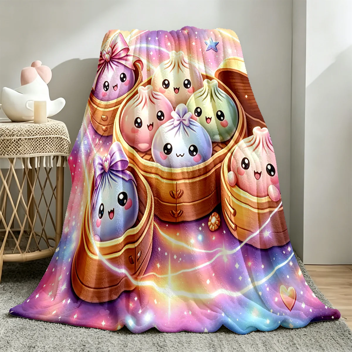 2D Flat Printing, 1pc Dreamy Cartoon Food Style Blanket/Throw, Featuring Cute Bao Buns Steamer Starry Sky Sparkling Heart Star P