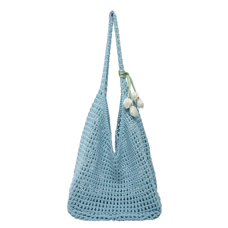 Новая летняя повседневная большая вместительная сумка из хлопчатобумажной нити, полая соломенная тканая сумка, сумка на плечо в ленивом стиле, пляжная сумка, женская сумка