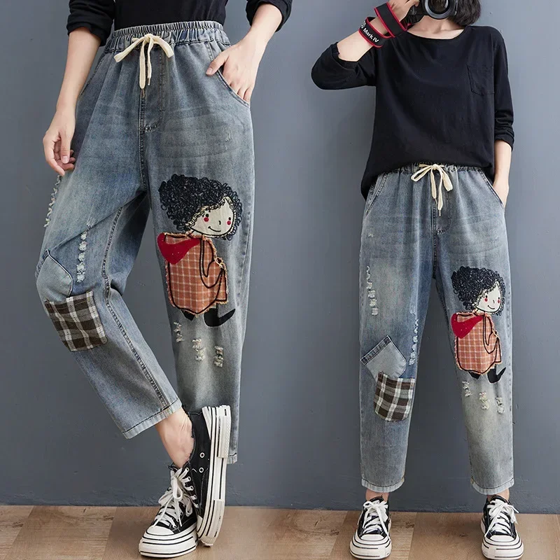 

2025 High Waist Harlan Jeans Patchwork Embroidered Hole Design 9 Pants Autumn New Style Women's Fashion Denim Shorts High Waist
