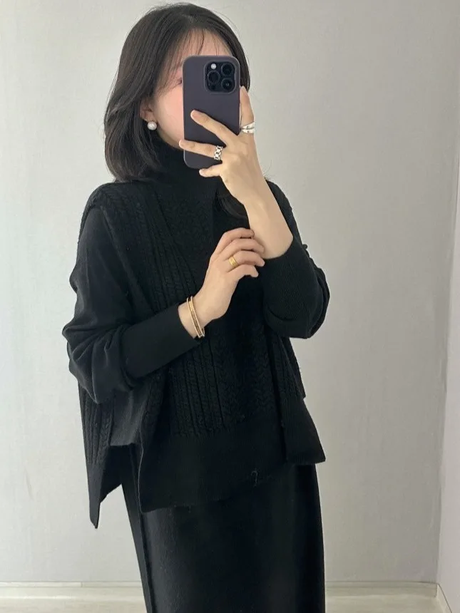

East Gate Ins Versatile Retro Twisted Svel Knitted Sweater Vest Long Knitted Dr Two-Piece Set Loose Fit High Collar