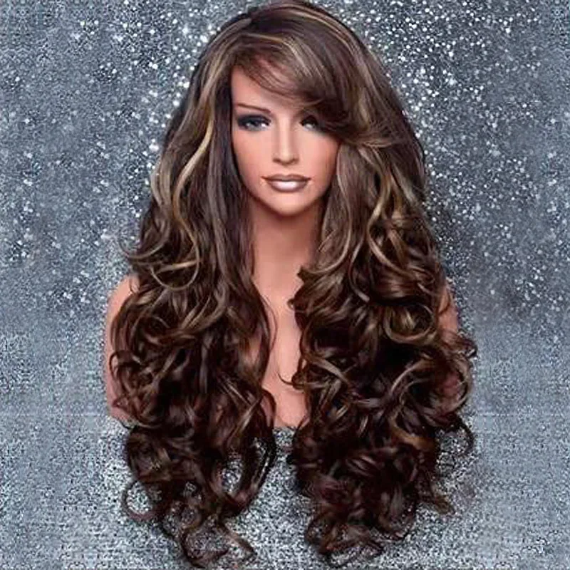 WHIMSICAL W Synthetic Curly Water Wave Hair Wigs With Bangs Long Dark Brown Natural Wig Women Fashionable Design Party Daily