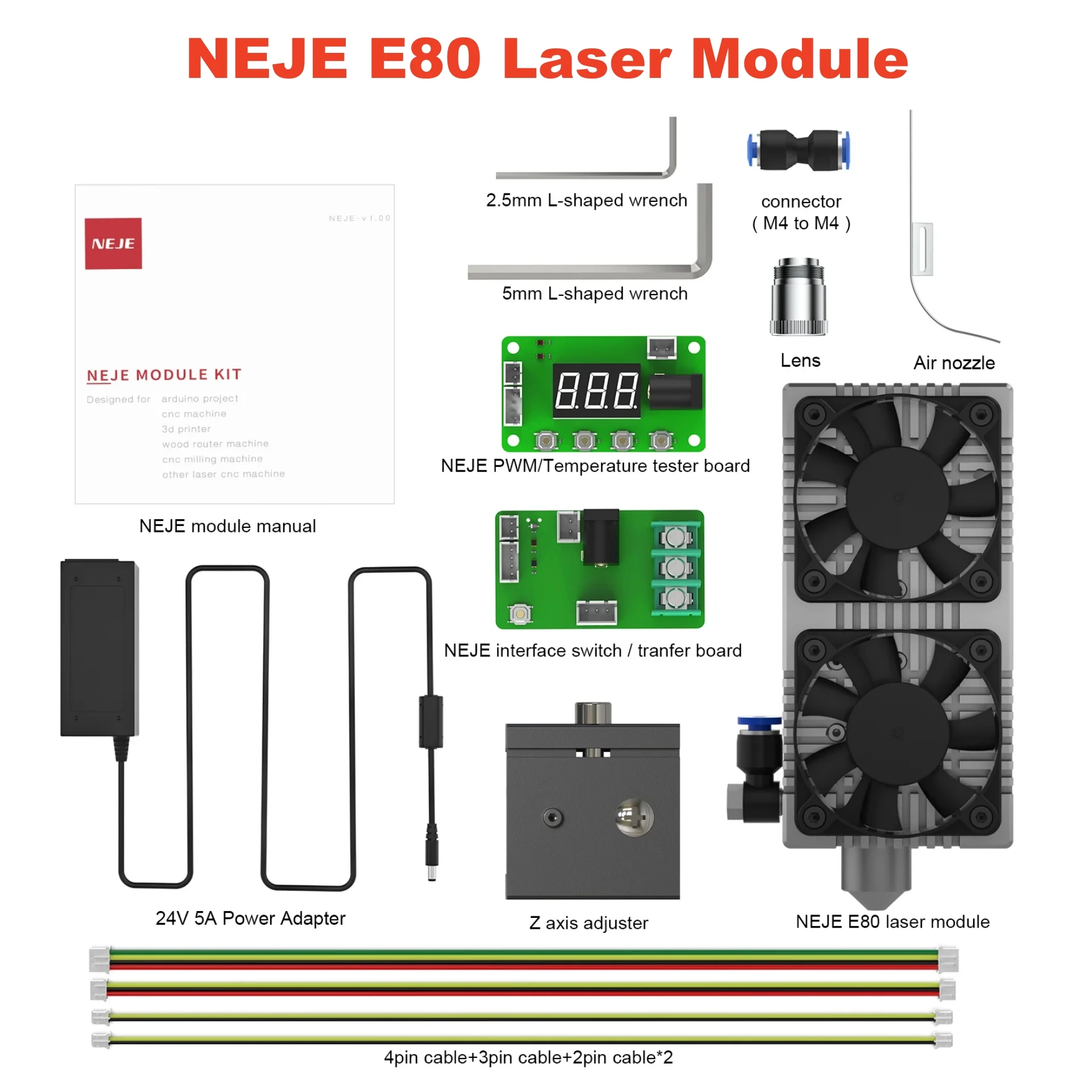 

NEJE 130W E80 Fixed-Focus Laser Module 4xLD Array Lens Compression Light Path，for Wood/Metal Cutting Carving Tools