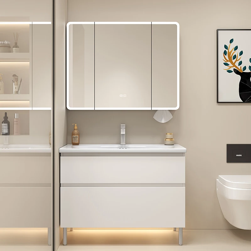 

White Sink Bathroom Cabinet Led Light Floating Equipment Drawers Bathroom Cabinet Storage Rack Armario De Banheiro Furniture